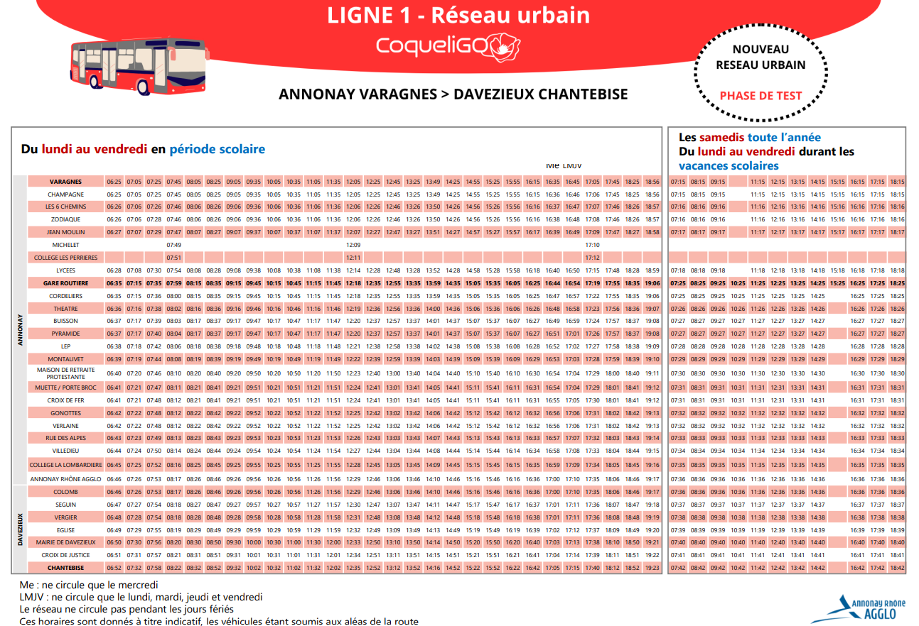 Horaires Ligne 1 réseau urbain